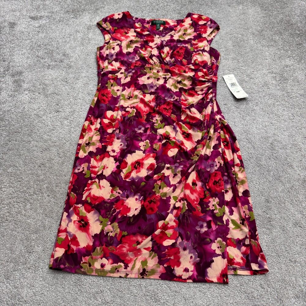 Lauren Ralph Lauren Ruched Cap Sleeve Sheath Dress 12P Purple Red Floral NWT
